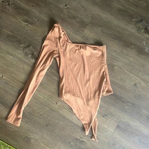 Tan one-shoulder bodysuit